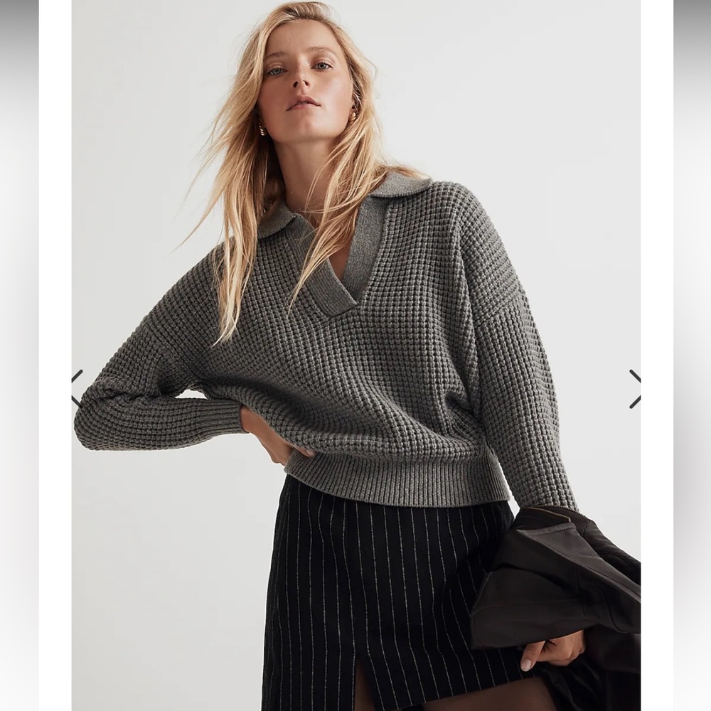 Waffle Knit Henley Madewell Sweater - grey
